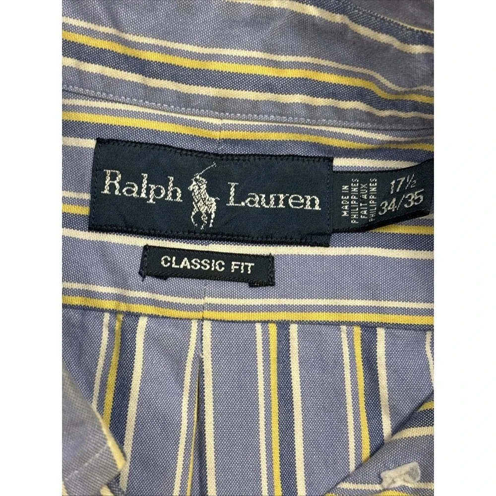 Polo Ralph Lauren Shirt Men 17 1/2 34/35‎ Blue Yellow Striped Button Down Preppy